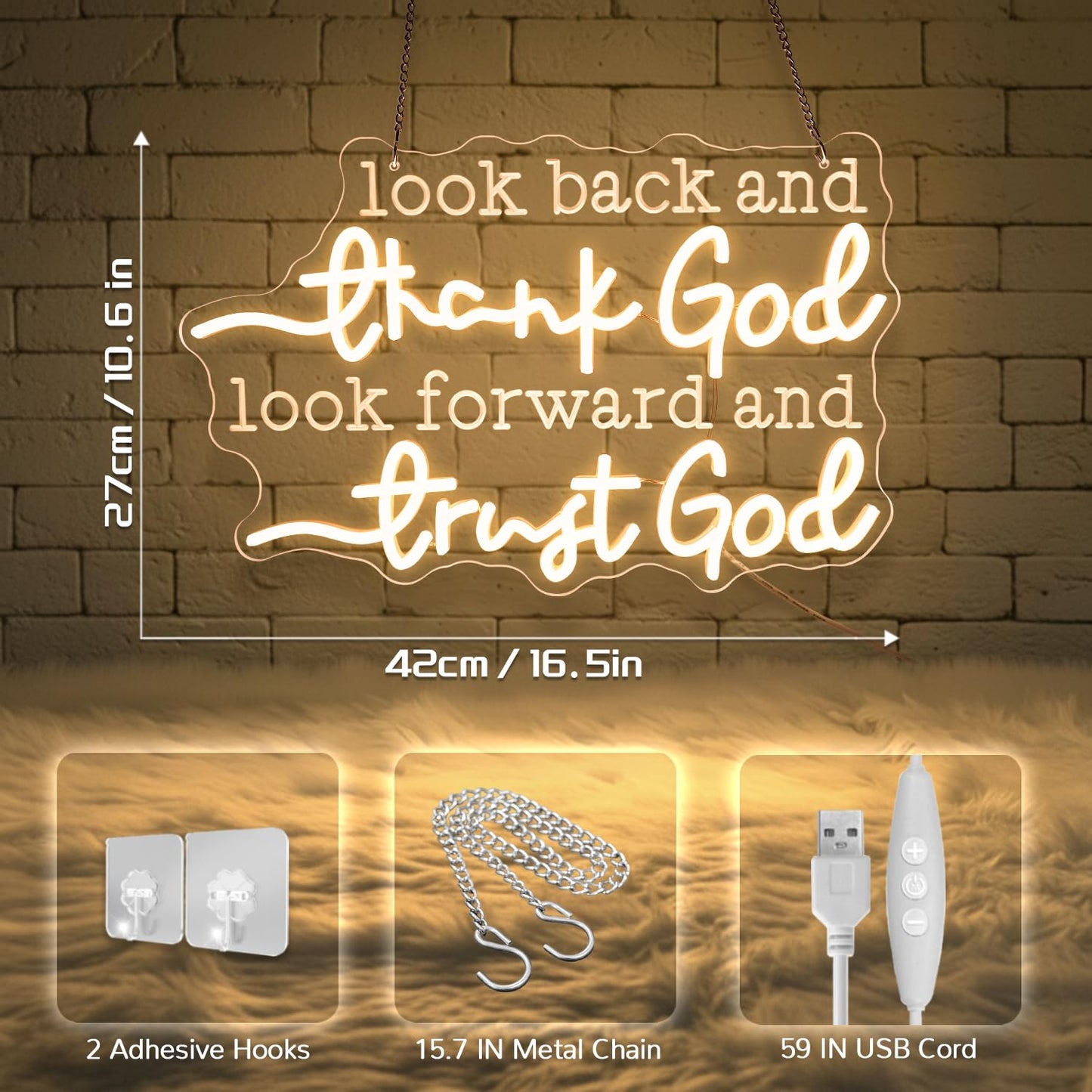 Sneignon Christian Neon Sign – “Look Back and Thank God,Look Forward and Trust God” LED Neon Wall Decor with USB Power & Dimmable Brightness,Bible Verse Neon Light for Bedroom,Church,Home