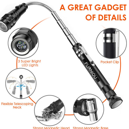 FURNIOU Gifts for Men, LED Magnetic Pickup Tool, Stocking Stuffers For Adults,Birthday Gifts for Men, Extendable Magnetic Flashlight, Mens Gifts for Women Husband Grandpa Him,Cool Gadgets