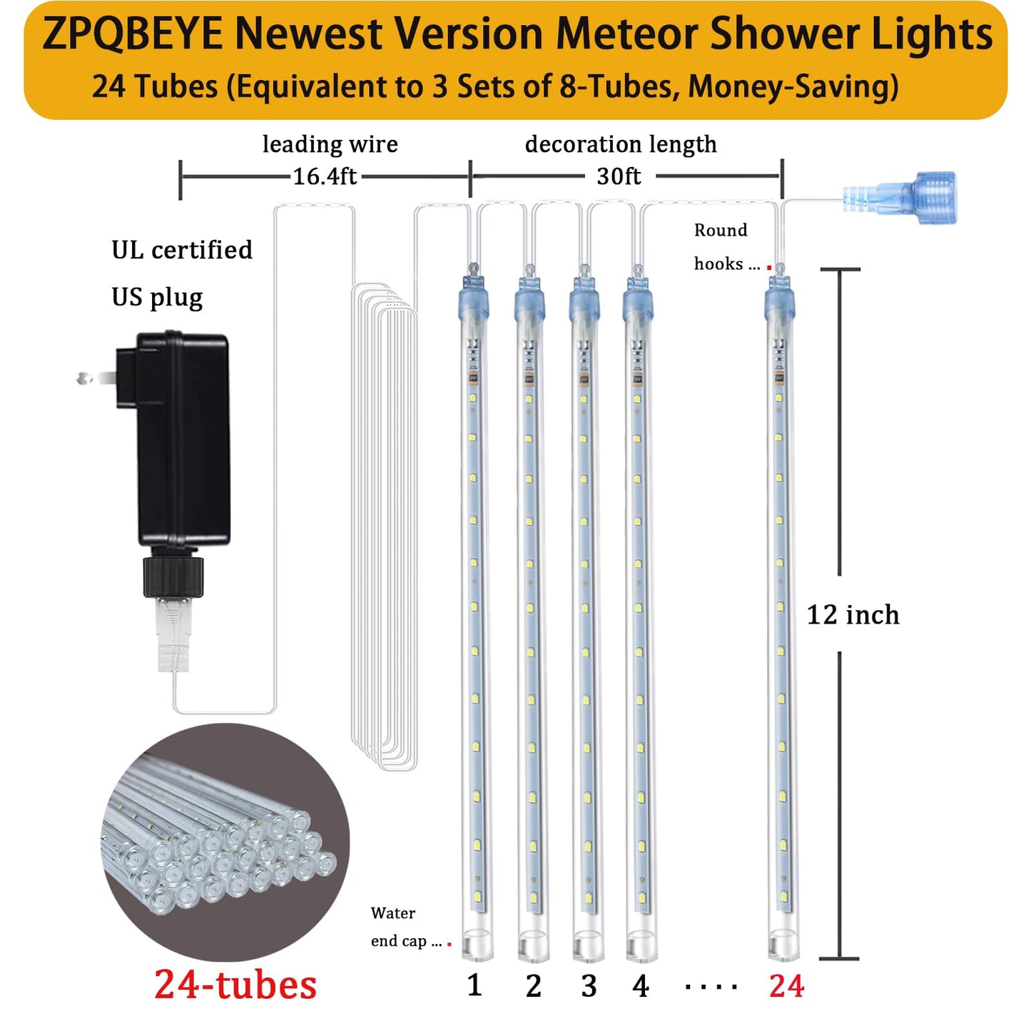 Meteor Shower Lights Outdoor Christmas Lights 24-Tube 576LEDs Snow Falling Rain Cascading Icicle String Light for Xmas Tree Christmas Decorations Wedding Party Holiday Yard Garden Decor, UL Plug White