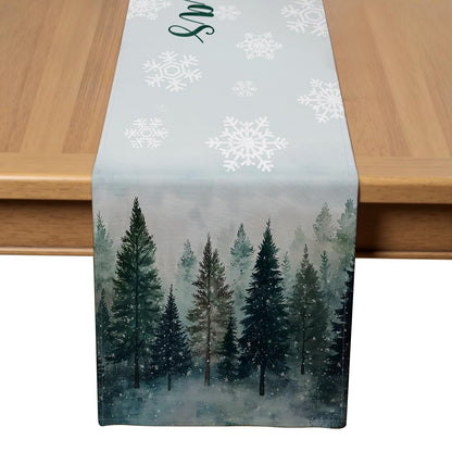 VIV CHERBL Christmas Table Runner with Snowy Forests, Merry Christmas Text & Snowflakes, Table Decoration for Dining Party and Home Decor,72x13 inches