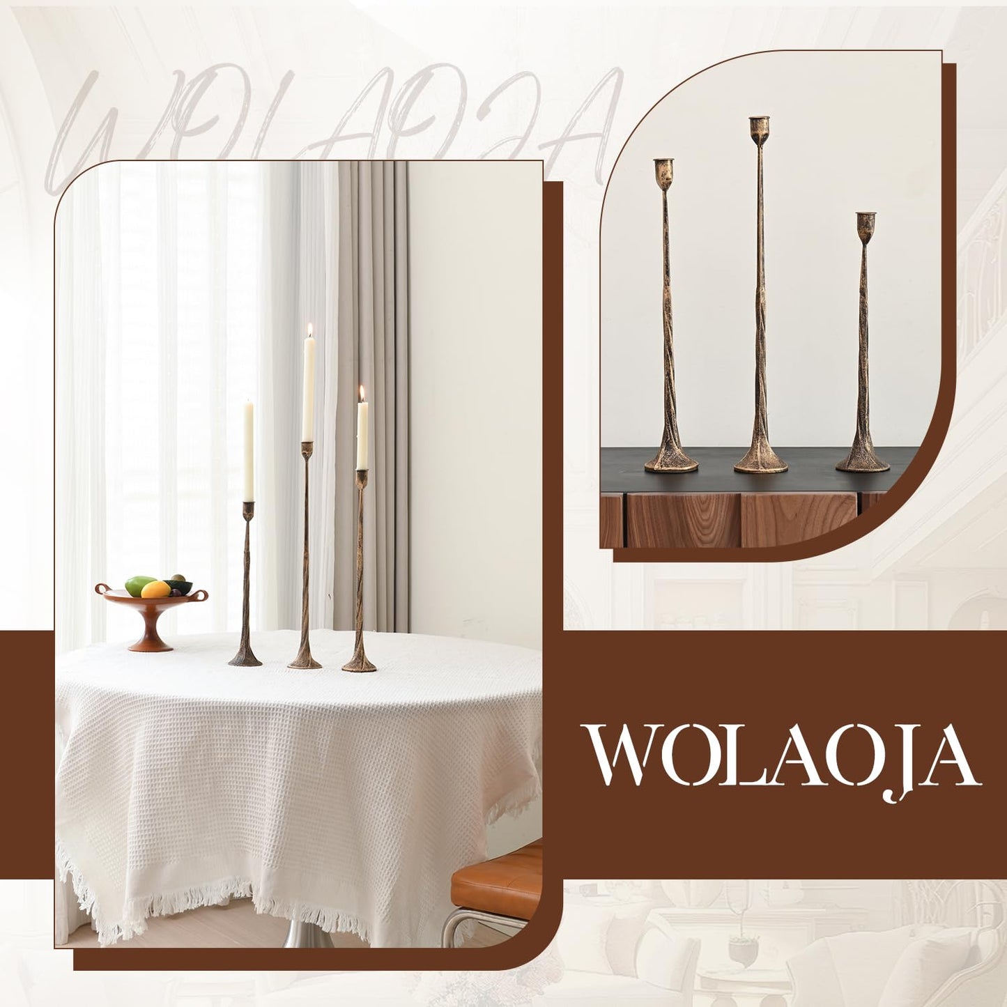 Set of 3 Candle Stick Holders, Iron Antique Gold Candlestick Holders, Fits 3/4 inch Thick Candles, Tapered Candle Holders Tall Set for Dining Table, Wedding, Home Decoration