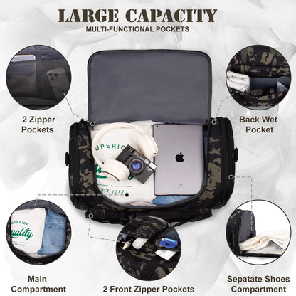 Tactical Duffle Bag For Travel Expandable 52L Large Duffle Bag For Men Gym Duffel With Wet Pocket Multi-Functional Carry On Bags Weekender Overnight Bag Organizer Duffel Bag For Travel