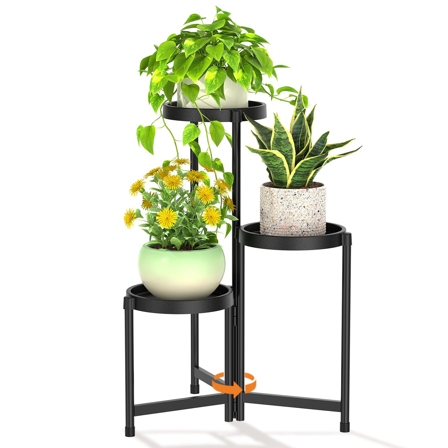 LASZOLA 3 Tiered Plant Stand Indoor Outdoor with Plastic Tray, Corner Folding Tall Flower Display Rack, Modern Plant Holder Shelf for Outdoor Patio Porch Garden Office Living Room, Black
