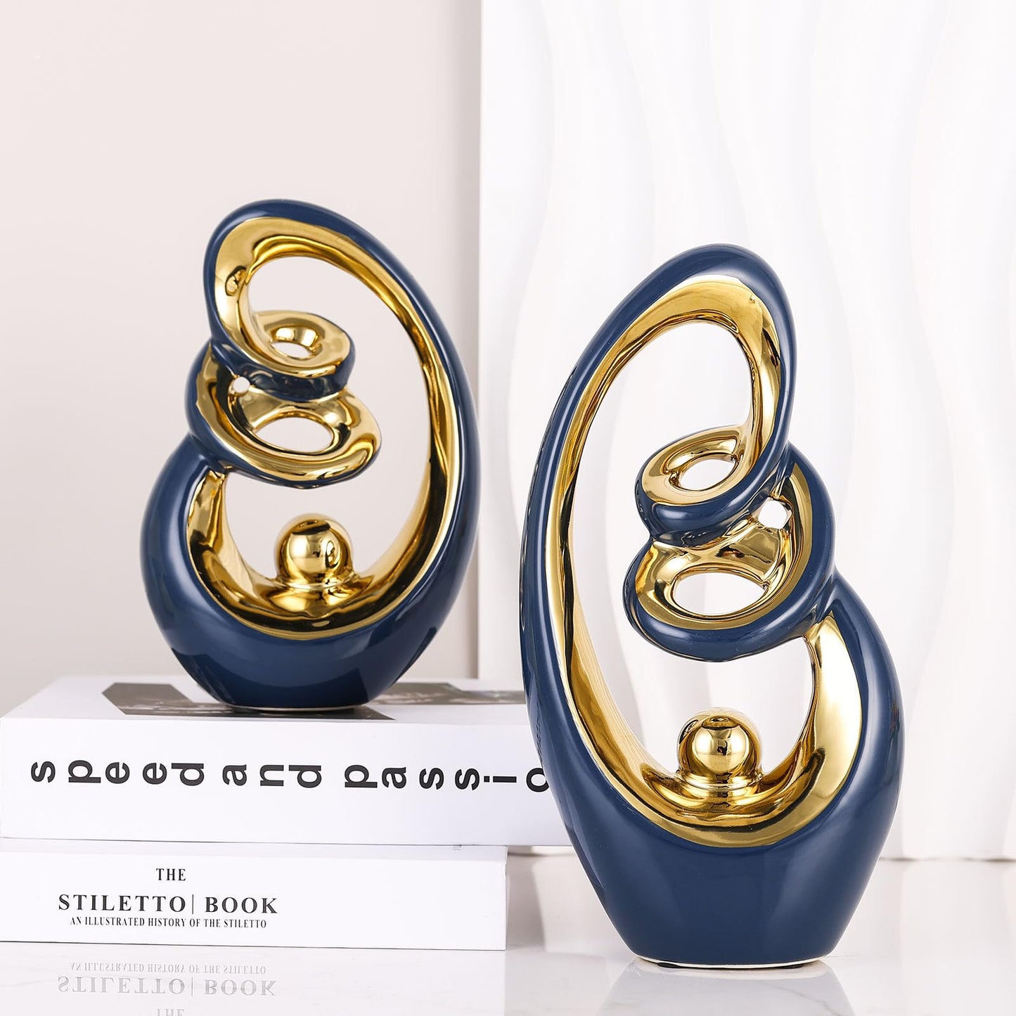 GAOSHENG Blue Gold Ceramic Abstract Sculpture, Modern Art Deco Statues With Gold Accents For Home, Tv Stand Decor Centerpieces