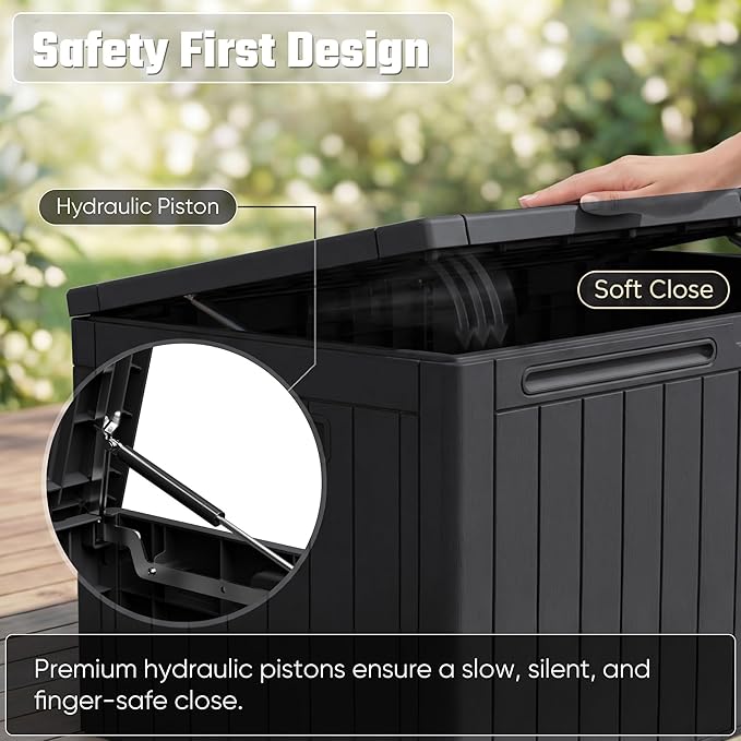 Greesum 110 Gallon Outdoor Storage Box with Lockable Lid, All-Weather Solution for Patio Furniture, Pool Supplies & Garden Tools, Waterproof, UV-Resistant Large Deck Box, Black