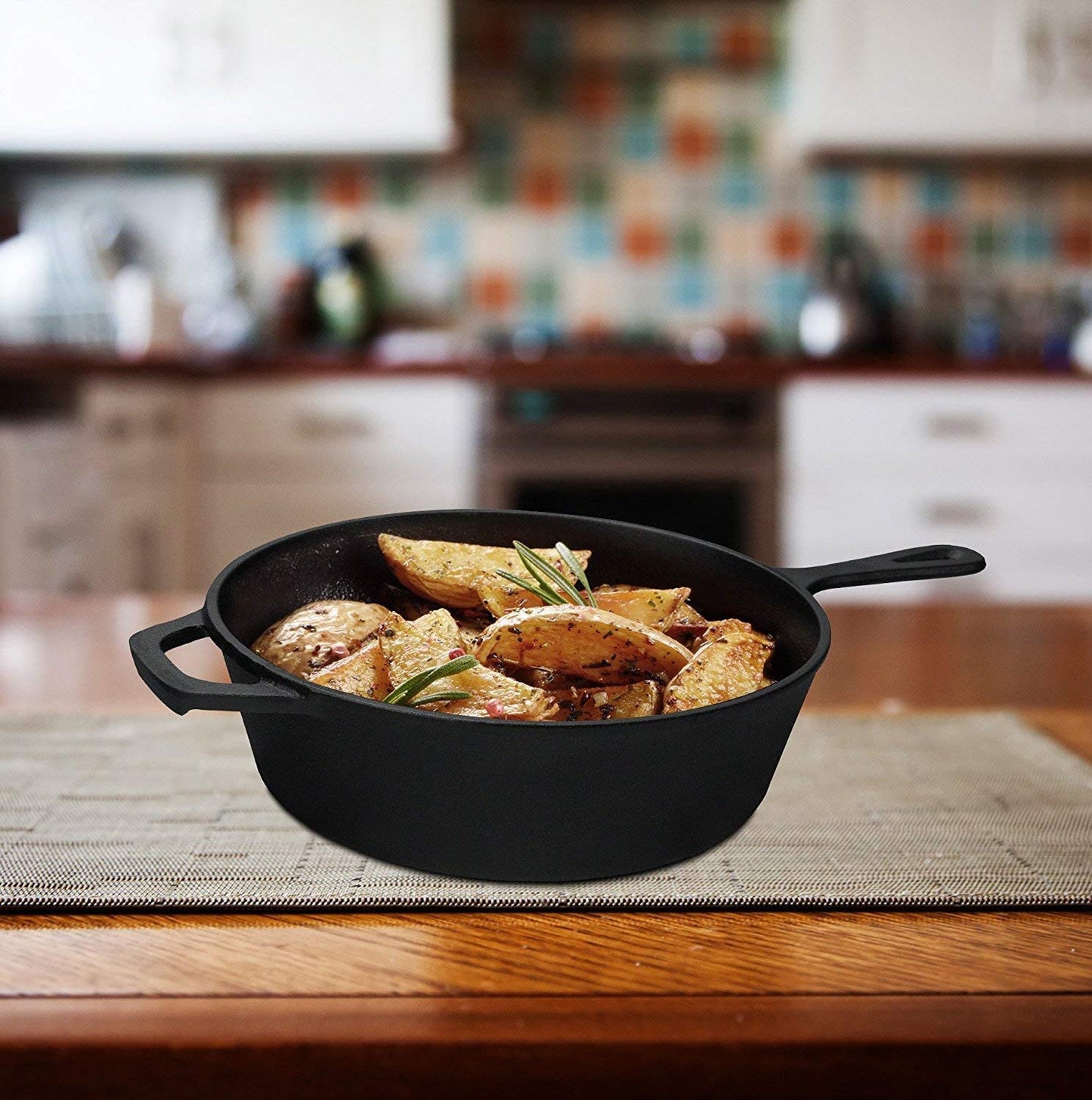 KICHLY 3.0L,3.2 Quart Pre Seasoned Cast Iron Combo Cooker Dutch Oven with Lid, 10.25 Inch, 26 cm Dual Function Skillet Pot with lid, Cast Iron Casserole Dish with Lid
