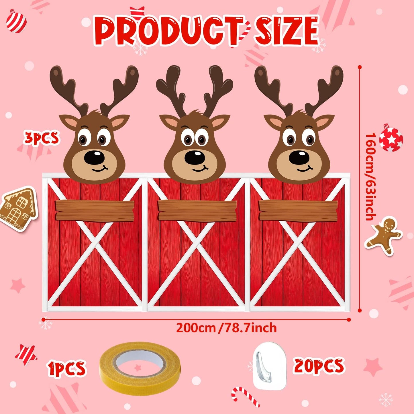 HunnmingRe 3 Pcs Large Reindeer Stables Christmas Office Decoration 78.7 Inch Reindeer Door Banner with Hook Double-Sided Tape Winter Xmas Elk Wall Supplies for Garage Classroom Office Decoration