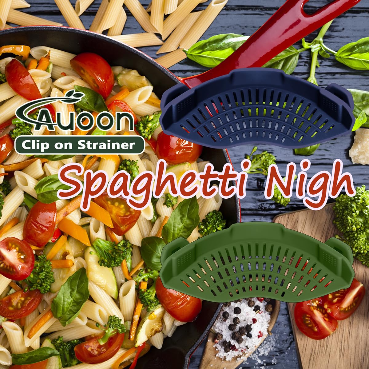 AUOON Clip On Strainer Silicone for All Pots and Pans, Pasta Strainer Clip on Food Strainer for Meat Vegetables Fruit Silicone Kitchen Colander