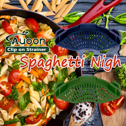 AUOON Clip On Strainer Silicone for All Pots and Pans, Pasta Strainer Clip on Food Strainer for Meat Vegetables Fruit Silicone Kitchen Colander