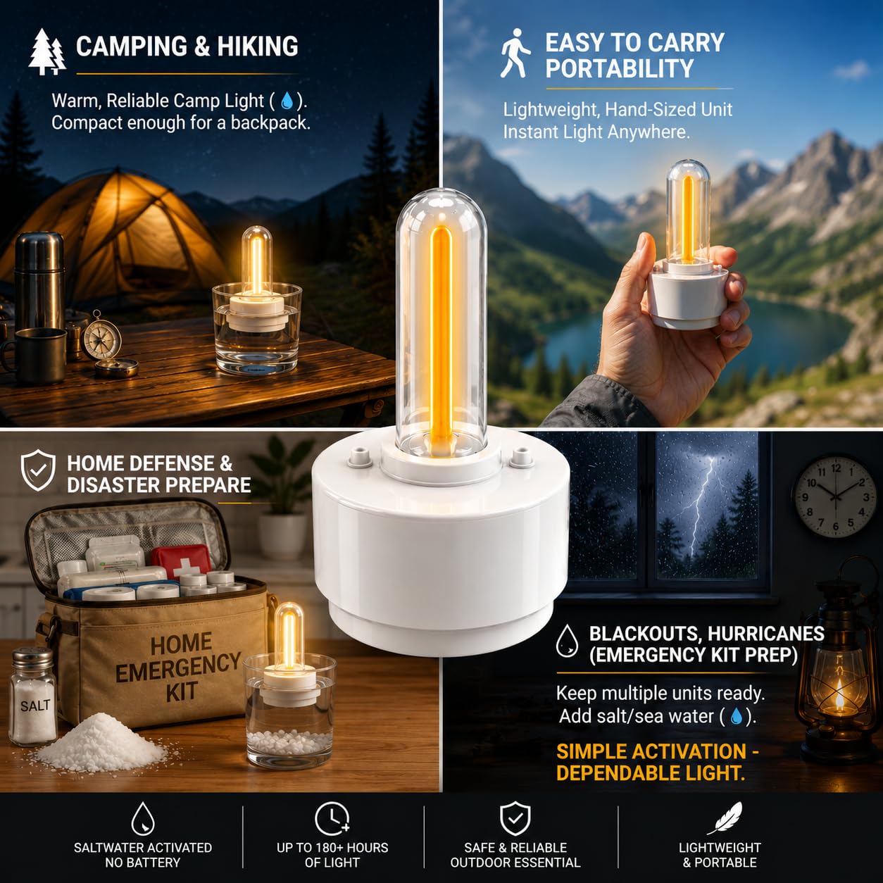 Portable Salt Water Camping Light, No Battery Survival Lantern, Waterproof Floating LED Lamp for Hiking, Fishing, Hurricane & Outdoor Adventures