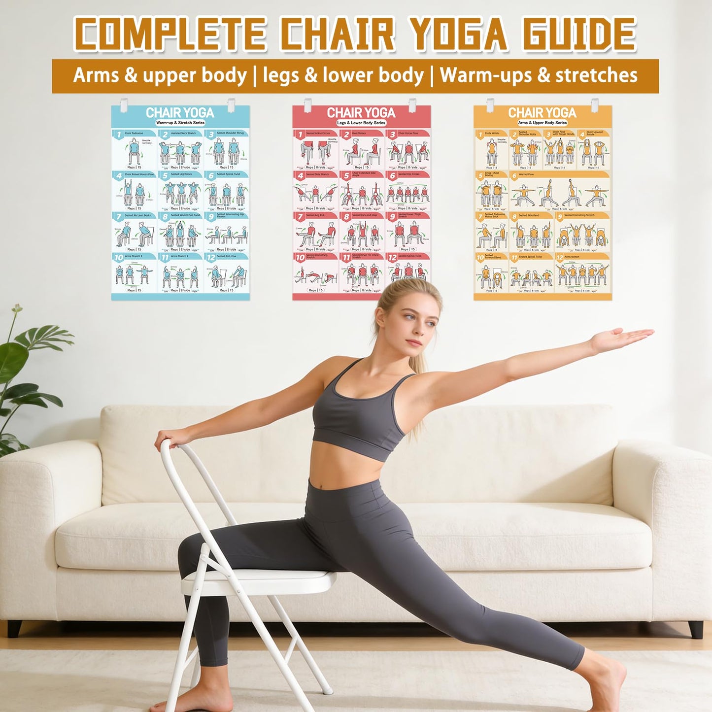 Chair Yoga Poster Set for Seniors & Beginners-3 Illustrated Guides,1 28-Day Challenges, 8 Double-Sided Clips &1 Dry-Erase Marker, 36 Poses Wall Chart Includes Postures, Instructions & Breathing Tips