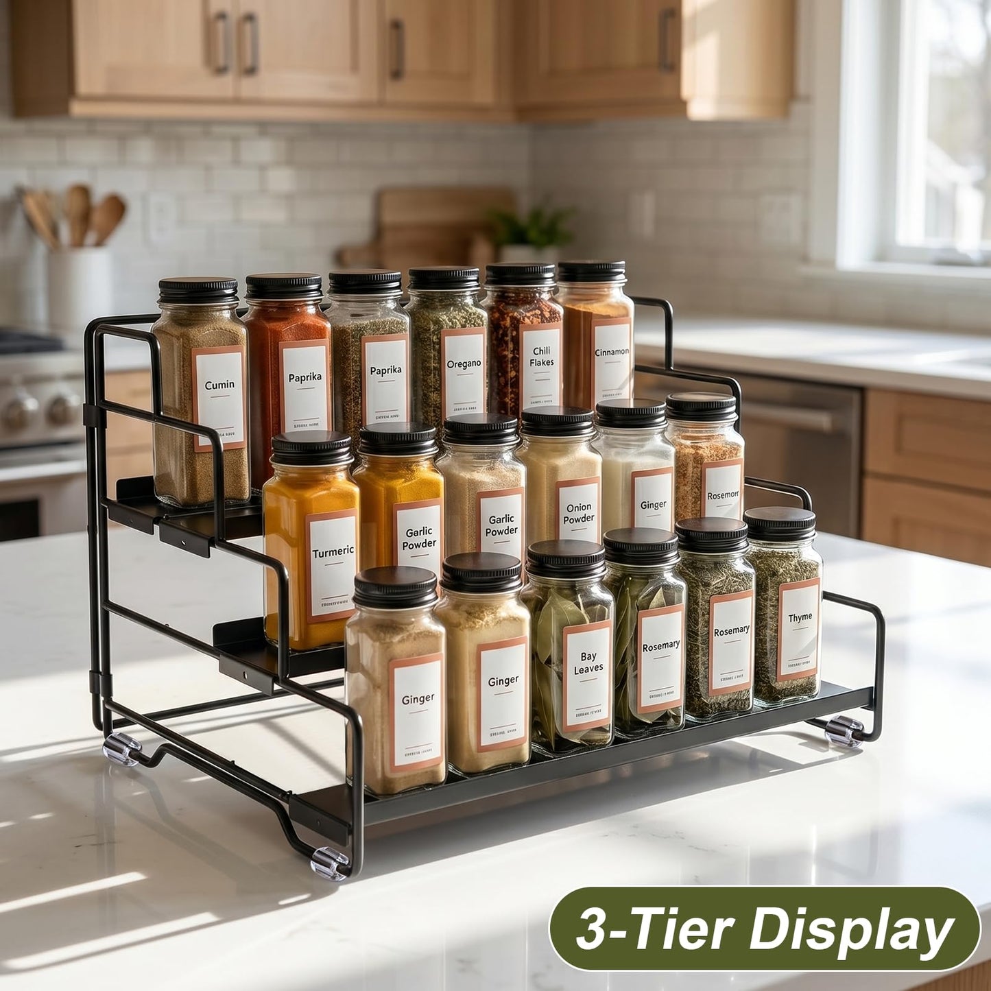 KITREPAION Spice Rack Organizer for Cabinet, Tiered Adjustable Spice Shelf Organization, Metal Seasoning Rack for Kitchen Countertop Cupboard Pantry, Raised Edge Anti-Slip Design for Jars and Bottles