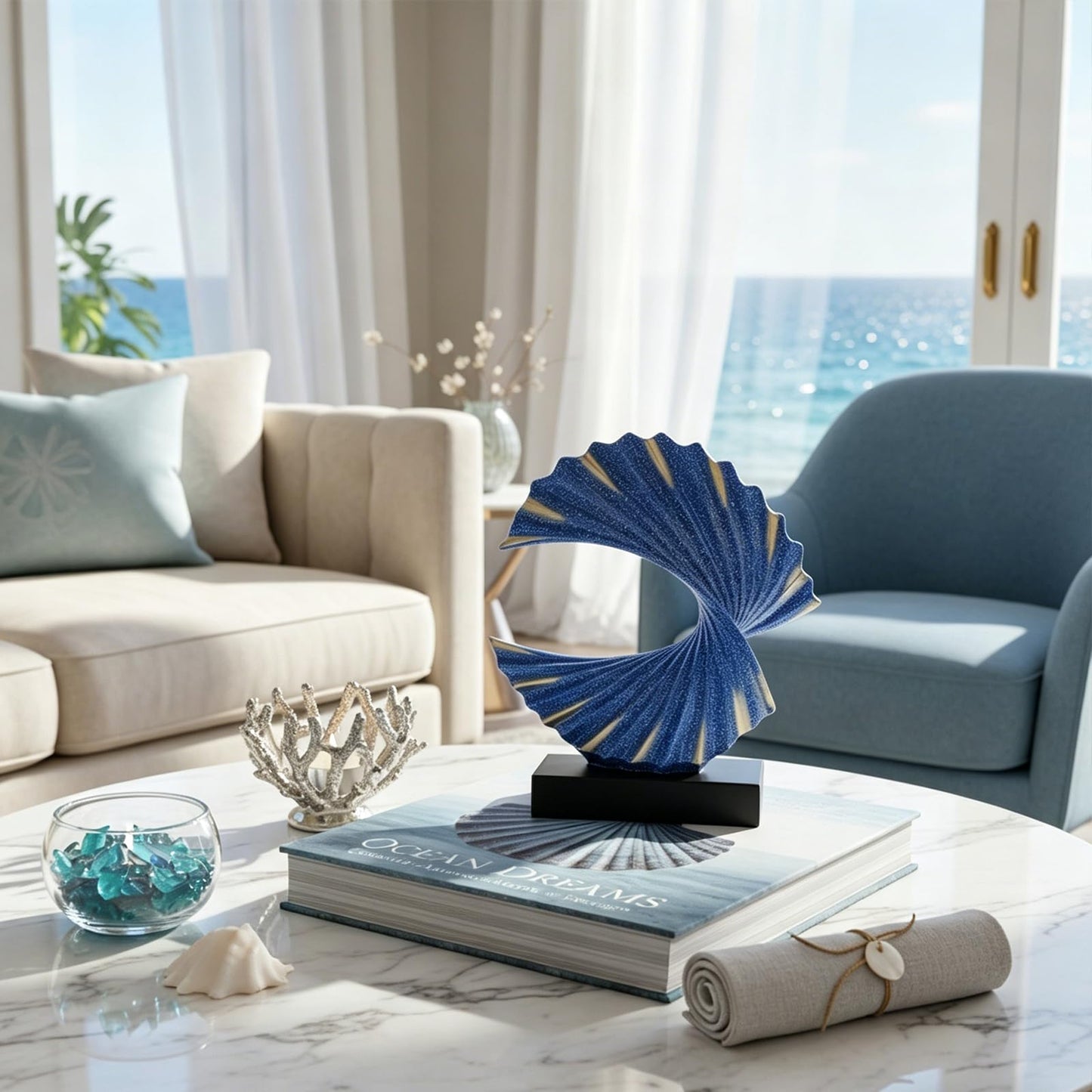GAOSHENG Blue Gold Wave Sculpture, Modern Ocean Wave Home Accents, Resin Art Statue for Shelf, Coffee Table, TV Stand Adornos Modernos