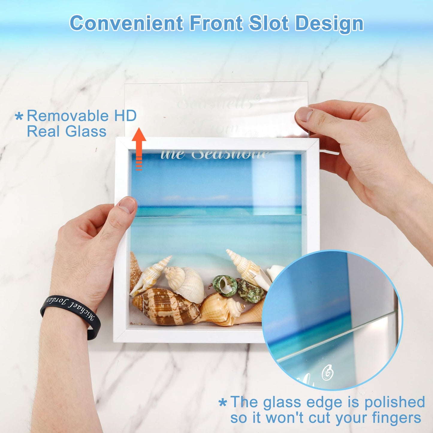 FramePro 8"x8" Seashell Holder Display case-Seashells Agates Shark Teeth Starfish Trinke, Seashell Collection Box Decorative Shadow Box with Real Glass ,Wall Mount or Tabletop (White)