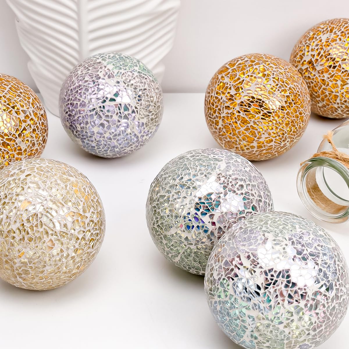 Vhxmaizxn Decoration Mosaic Glass Ball 3.35 Inch Orbs Centerpiece Crack Sphere Balls 3pcs Silver Solid Crackl Mirror Globe Christmas Thanksgiving Table Modern Ornament