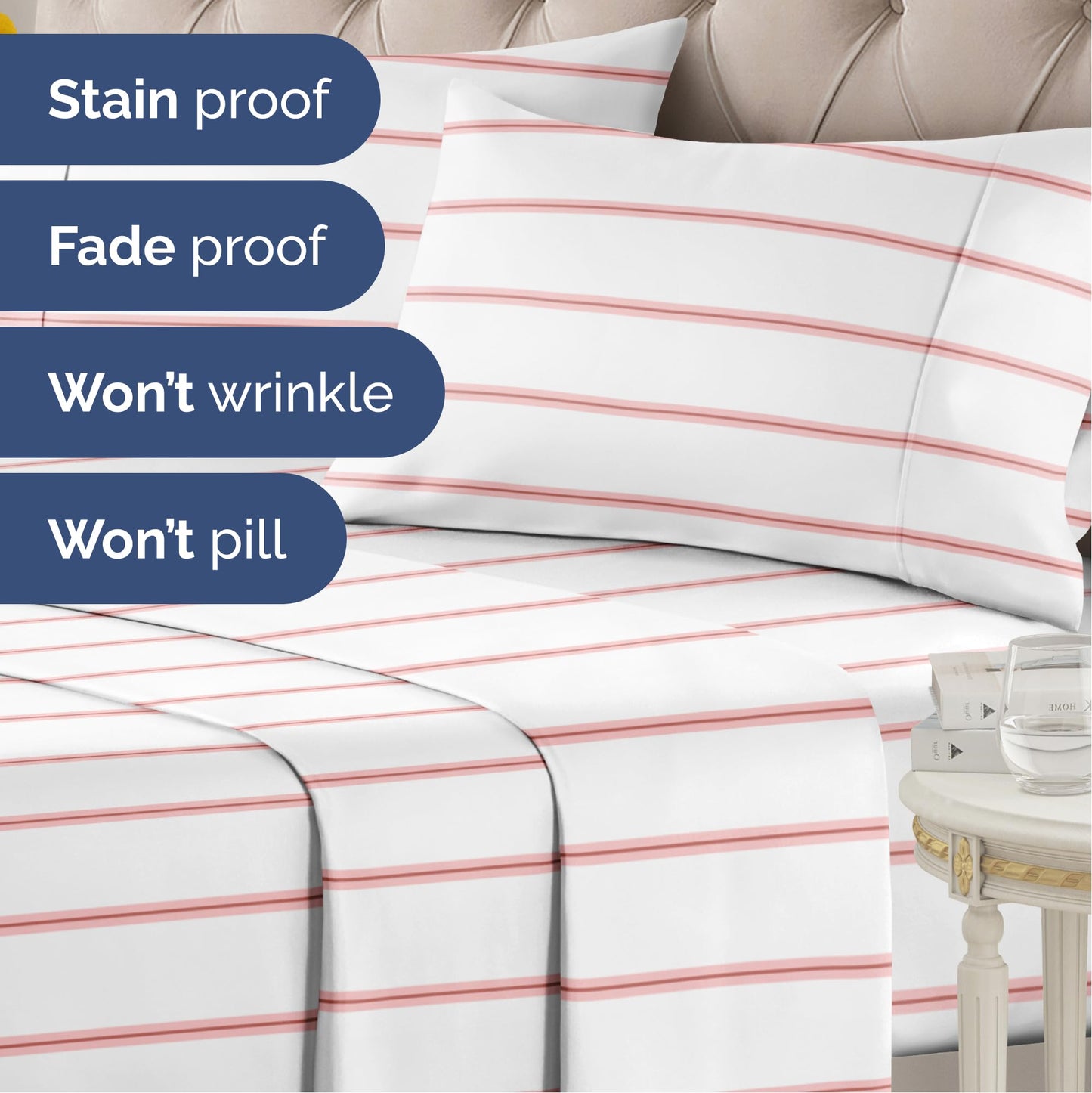 Striped Sheets - Red & White Striped Sheets - 1 Flat & 1 Fitted & 1 Pillowcase w/ Deep Pockets – Wrinkle & Fade Resistant - Soft, Breathable and Cooling – Luxury Pinstripe Bedding - Twin Size Bed Set