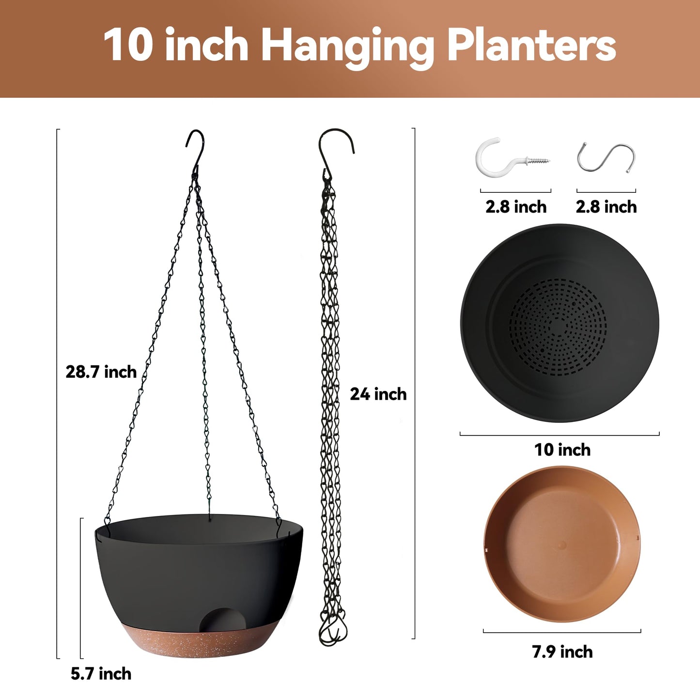 LESOASIS Hanging Planter for Indoor Plants, 10 Inch Self-Watering Hanging Planters with Drainage Holes and Chain, Set of 2 Outdoor Hanging Pots for Garden Home