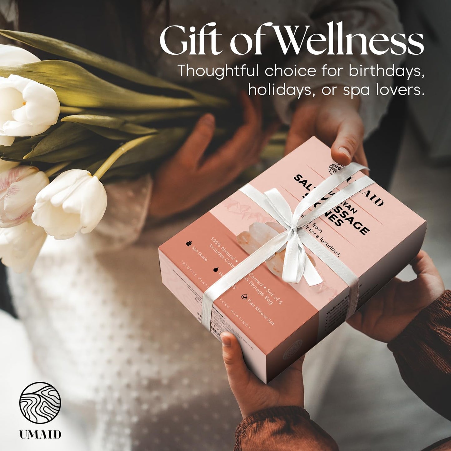 UMAID Himalayan Salt Massage Stones 6-Pack – Pink Crystal Spa Stones with Cotton Mesh Bag for Relaxation, Self-Care, Meditation & Wellness, Unique Spa Gifts for Men & Women