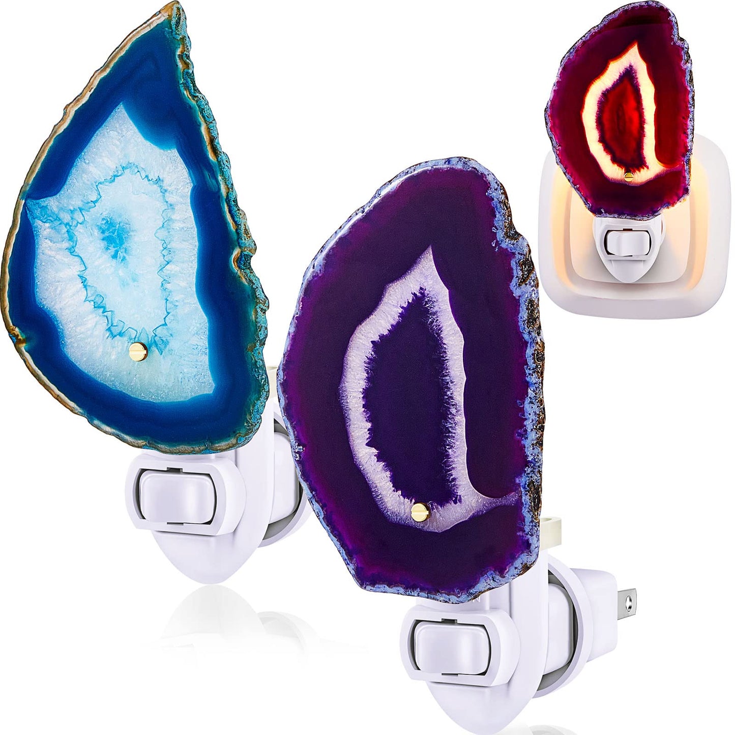 Funtery 2 Pcs Agate Night Light Agate Slice Light Crystal Nightlight Plug into Wall with Switch Crystal Lamp LED Hallway Stairways Home Decor for Toilet Kitchen Bedroom, Blue Purple