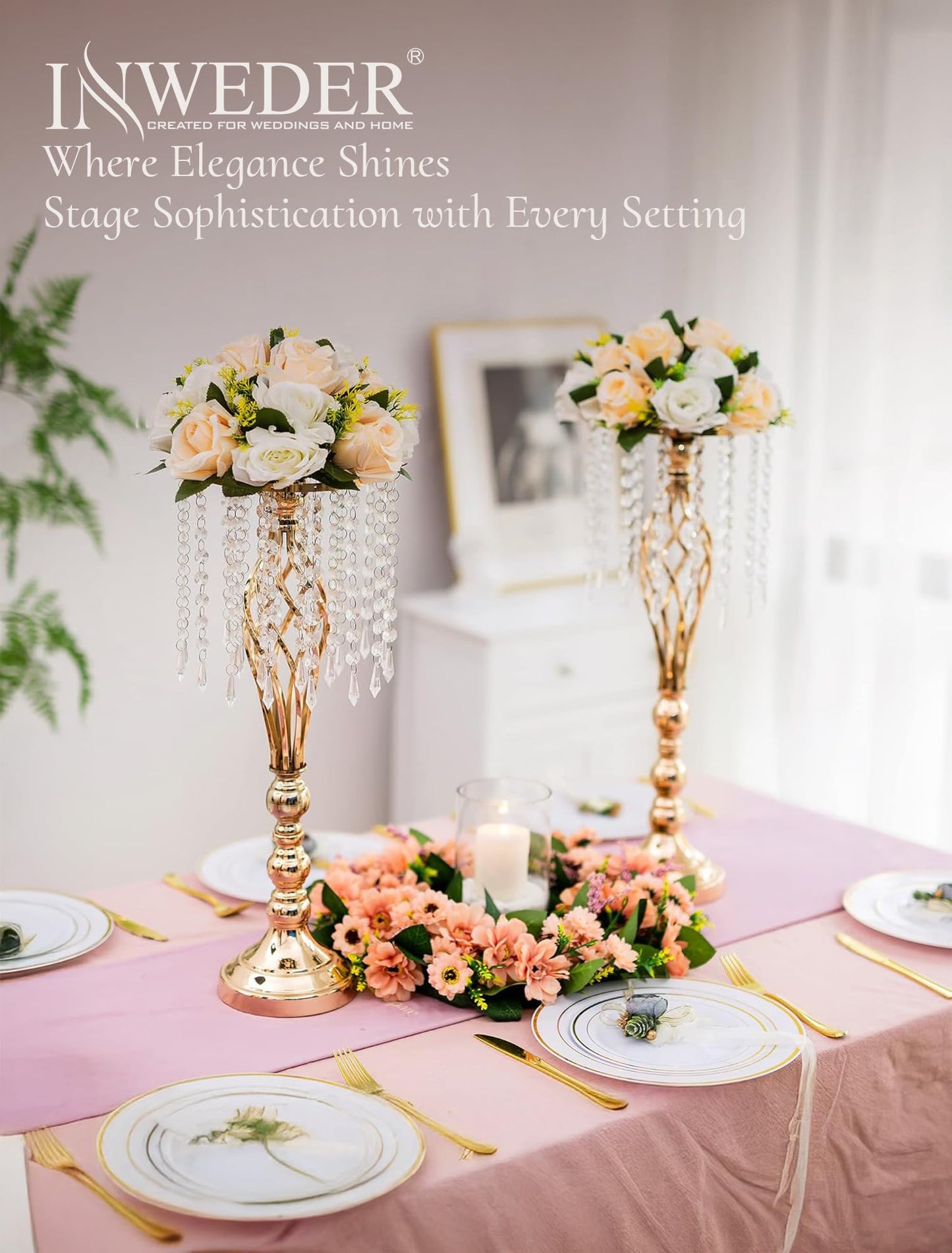 Inweder Gold Vases Centerpieces for Table: 21.7" Tall Flower Stand with Crystal Patent for Wedding Center Piece Party Event Set of 2