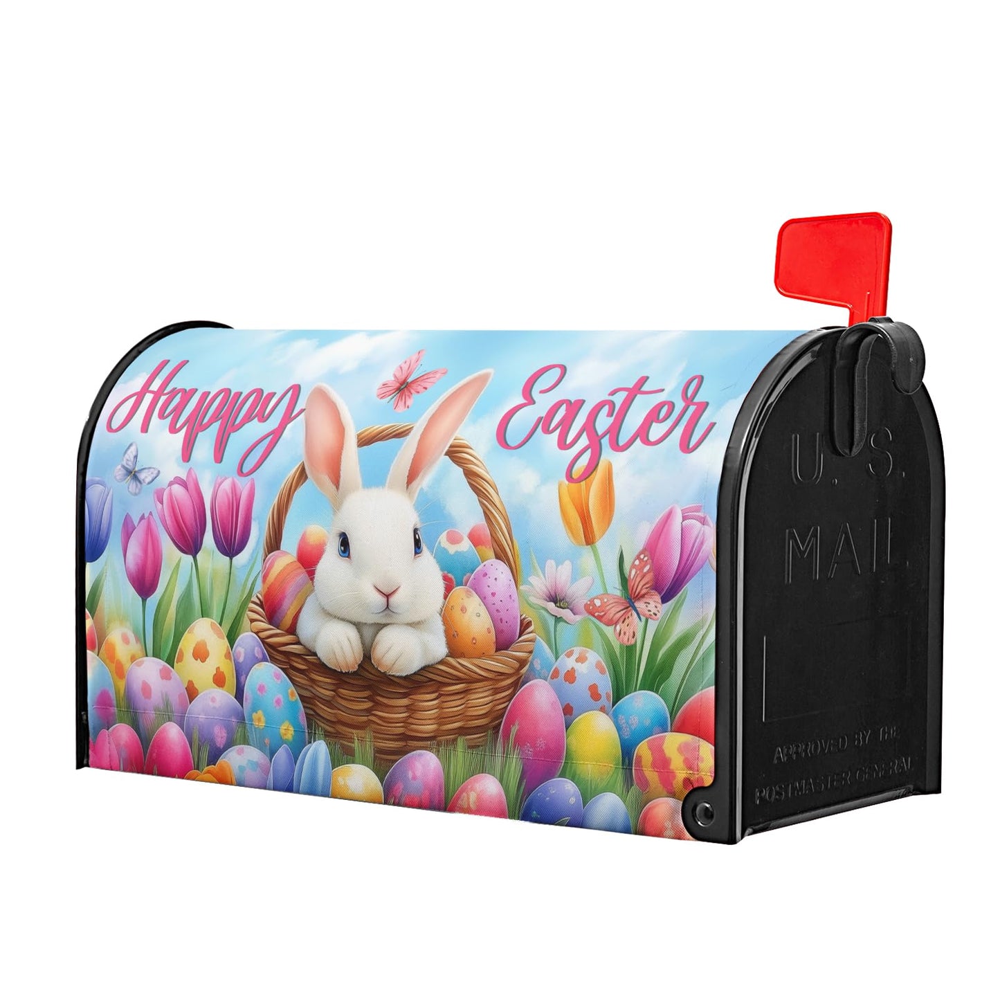 Happy Easter Welcome Mailbox Cover Magnetic Standard Size 25"x21" Cute Bunny Rabbit Eggs Decorative Post Letter Box Wrap Farmhouse Spring Easter for Garden Yard Outdoor Easter Mailbox Decoration