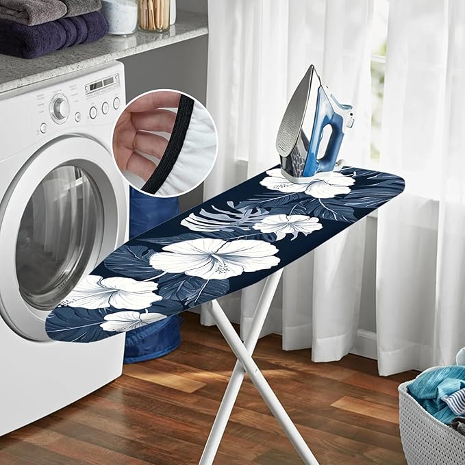 Nuxovilar White Hibiscus & Blue Leaf Ironing Board Cover, 15 * 54inch, Fits