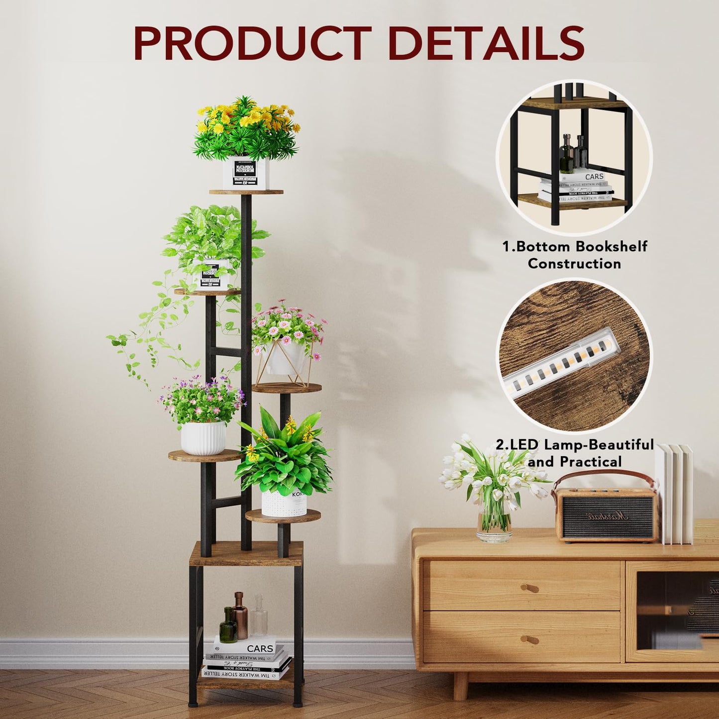 Homsorout Plant Stand Indoor with Grow Light,6-Tiered Tall Plant Stand Indoor, Metal Plant Shelf with Adjustable Light, Ideal for Living Room, Garden, Patio (Black Brown)
