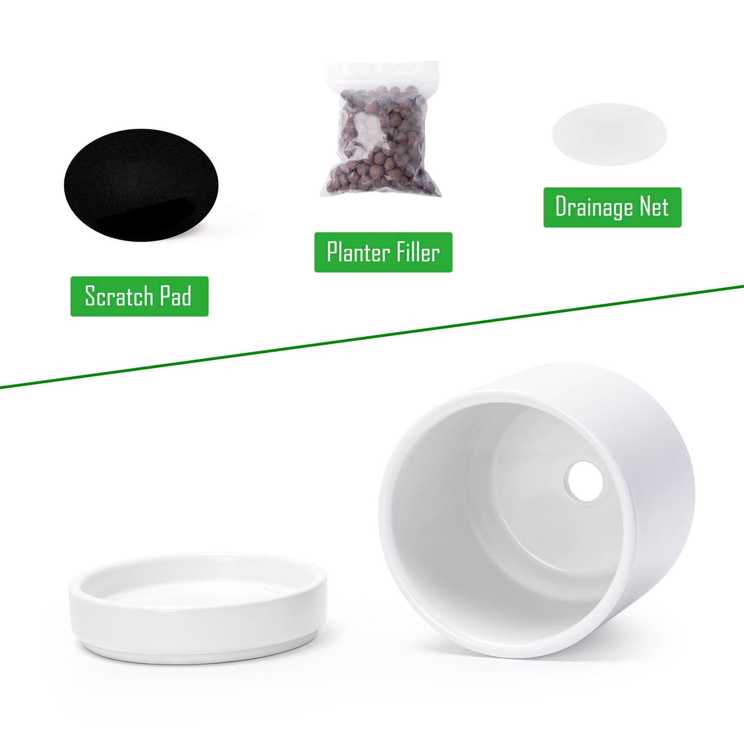 D'vine Dev Set of 2 Plants Pot, 4.7 Inch Ceramic Planter Pot for Plants with Drainage Hole and Saucer, White, 94-V-B-1