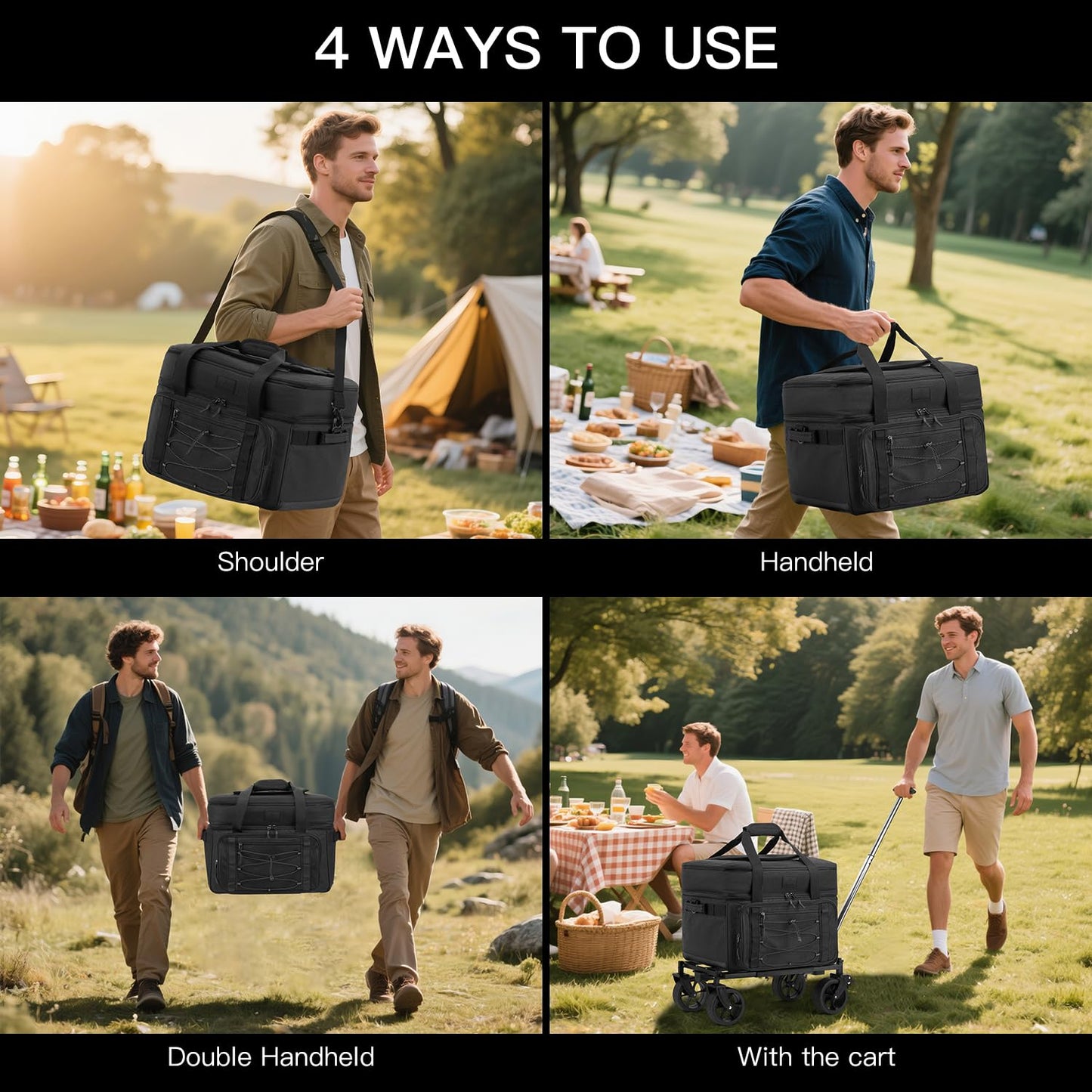 Extra Large Wheeled Portable Cooler Bag 85 Cans Double Deck Heavy Duty Rolling Insulated Cooler with All-Terrain Wheels Leakproof Tactical Soft Sided Cooler for Beach Camping Picnic Travel, Black