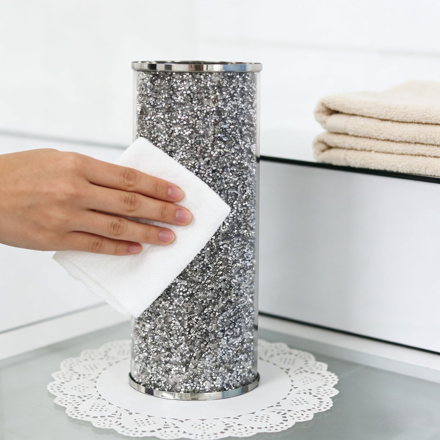 Silver Crystal Flower Vase, 10" Large Crushed Diamond Vase, Shiny Round Modern Luxury Decorative Glass Vases for Home Decor, Dining Table, Bathroom, Bedroom, Sofa Table, Wedding