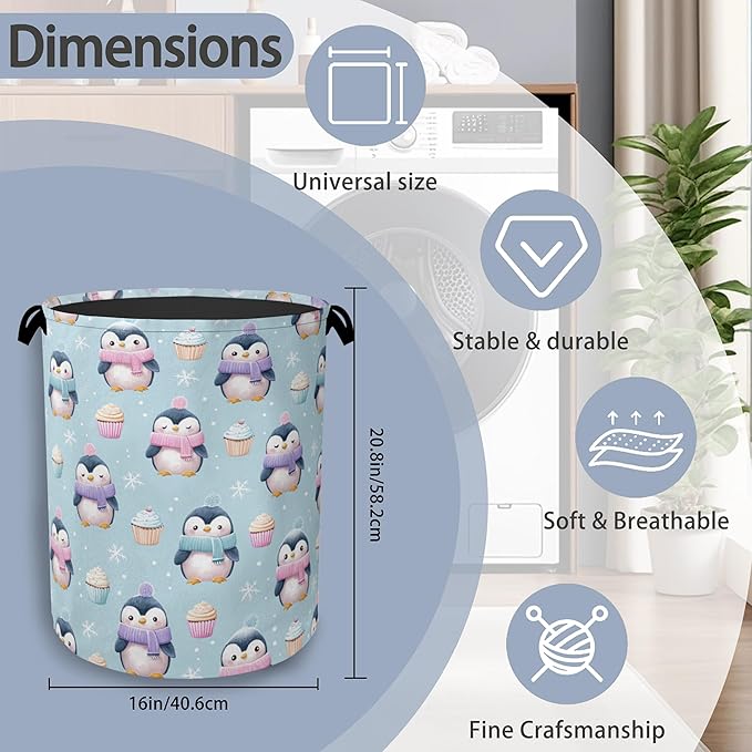 Cute Penguin Laundry Basket, Snowflake Cake Foldable Oxford Cloth Tote Bag