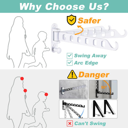 SKIKEN White Laundry Drying Rack with Swing Arm, Wall Mounted Clothes Hanging Rack, Swing Away, Folding Valet Hook, Sturdy Coat Hanger Holder for Laundry Closet (2-Pack, White)