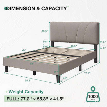 Novilla Full Size Bed Frame with Adjustable Headboard Platform Full Bed Frame with Linen Fabric Upholstered Headboard, No Box Spring Needed, Noise-Free, Wooden Slats Support, Easy Assembly, Beige