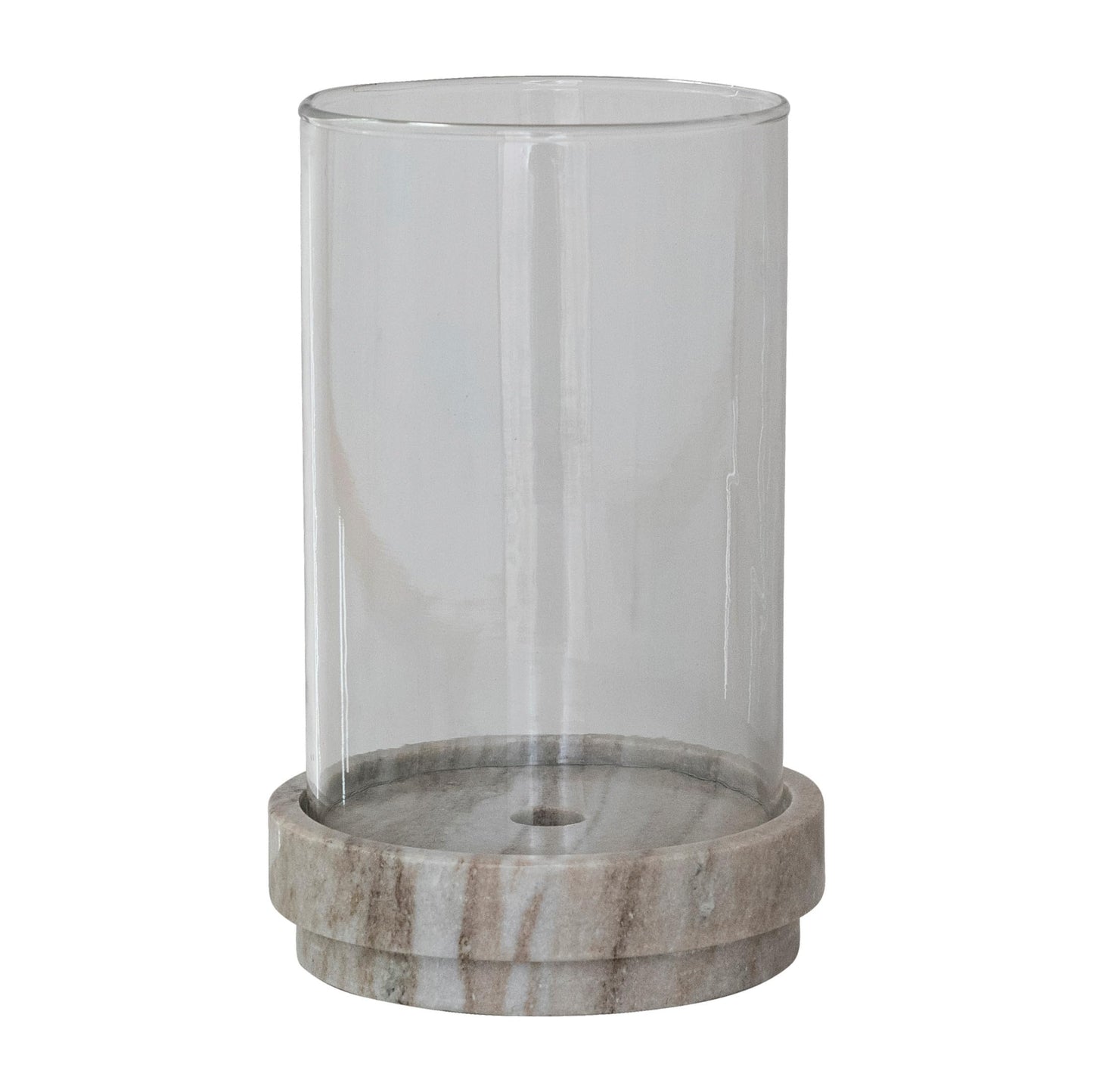 Creative Co-Op Round Marble Taper/Pillar Candle Holder with Glass Hurricane, Beige Finish
