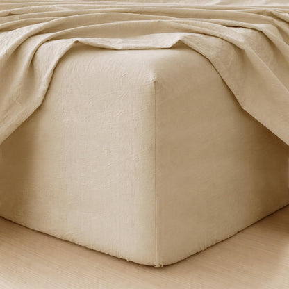 MooMee Fitted Bottom Sheet Only 100% Washed Cotton Linen Like Textured Breathable Durable Soft Comfy Deep Pocket Fits Mattress up to 17" (Almond Milk Grey, Queen)