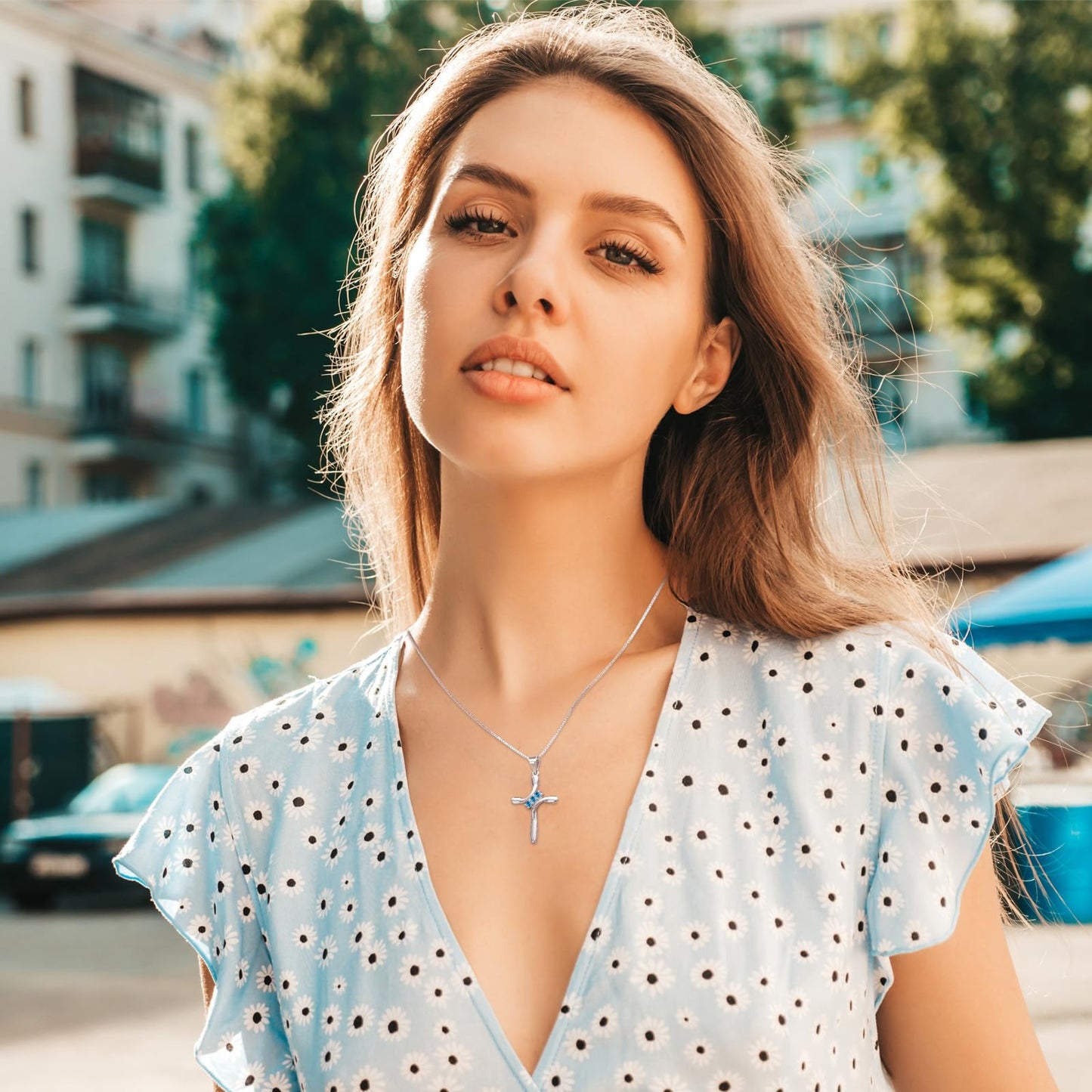 EVERU S925 Sterling Silver Cross Necklace for Women Birthstone Necklace with Cubic Zirconia 18K Gold Plated Cross Pendant Jewelry Ideal Gift Blue Topaz December