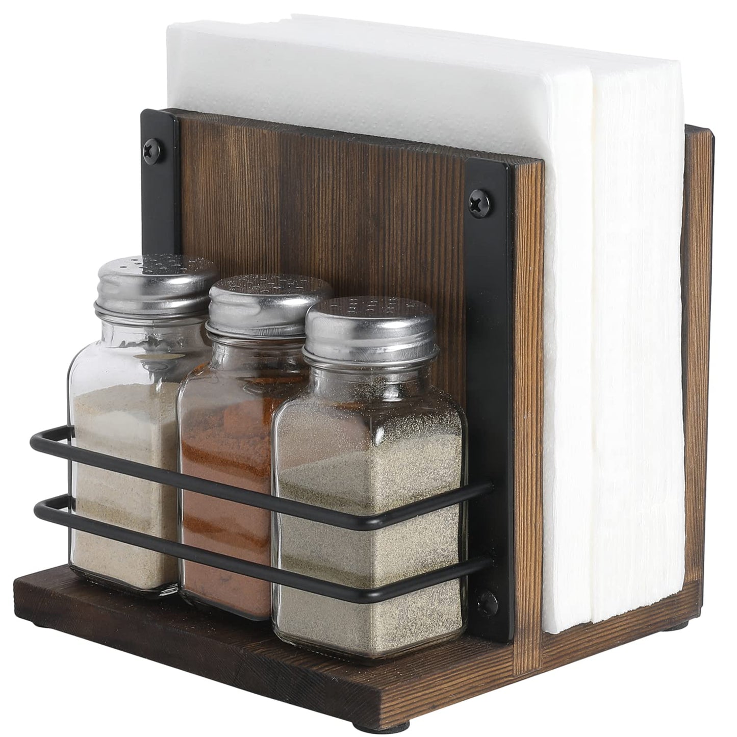 MyGift Napkin Holder with Salt and Pepper Shakers Set, Wood Tabletop Napkin Dispenser with Condiment Organizer and 3 Glass Shakers, Rustic Kitchen Décor