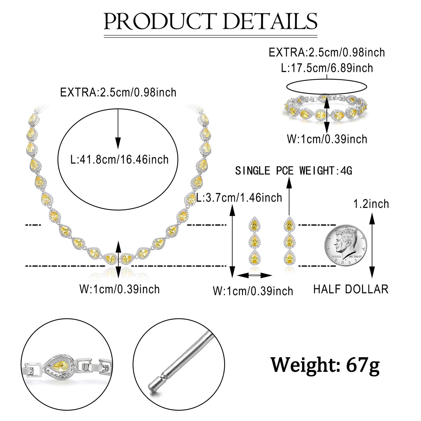 EVER FAITH CZ November Birthstone Elegant Tear Drop Necklace Earrings Bracelet Set Yellow Citrine-Color