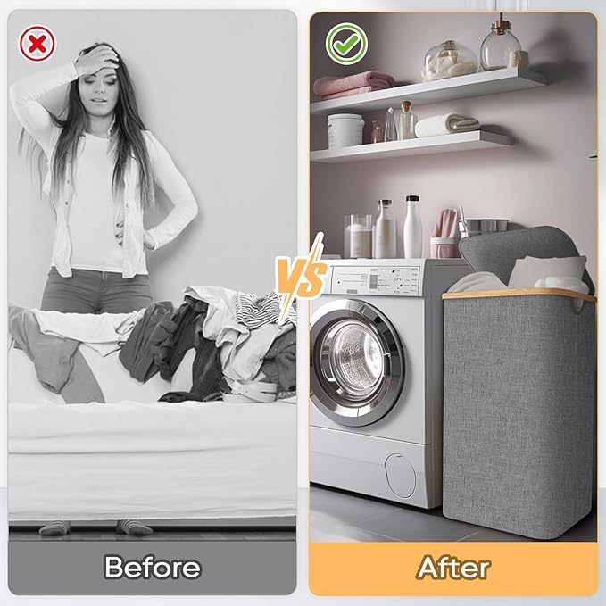 BALEINE Laundry Hamper with Lid, Tall Laundry Baskets with Bamboo Pull Handles