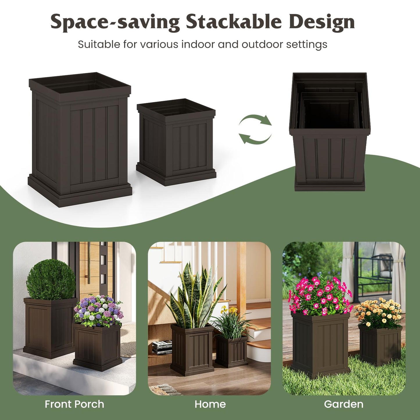 Giantex Square Plastic Planters Set of 2, 19" Large & 13” Small Flower Pots with/Drainage Holes & Nesting Design, Indoor Outdoor Decorative Plant Containers for Front Porch Home Garden Patio (Brown)