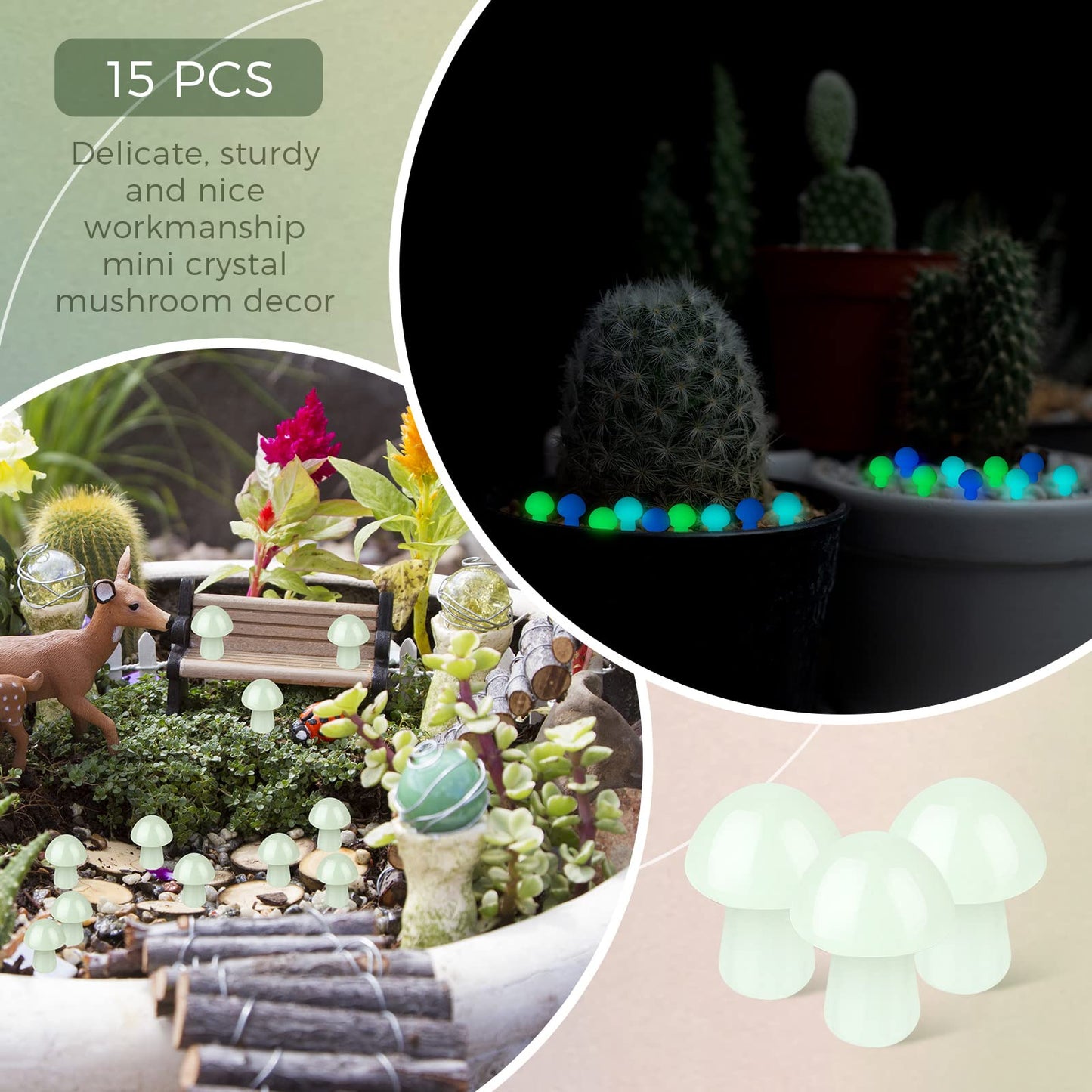 Nuenen 15 Pcs Mini Crystal Luminous Mushroom Glow in The Dark Tiny Natural Shape Hand Carving Polished Mushroom Decorations Crafts for DIY Garden Landscape