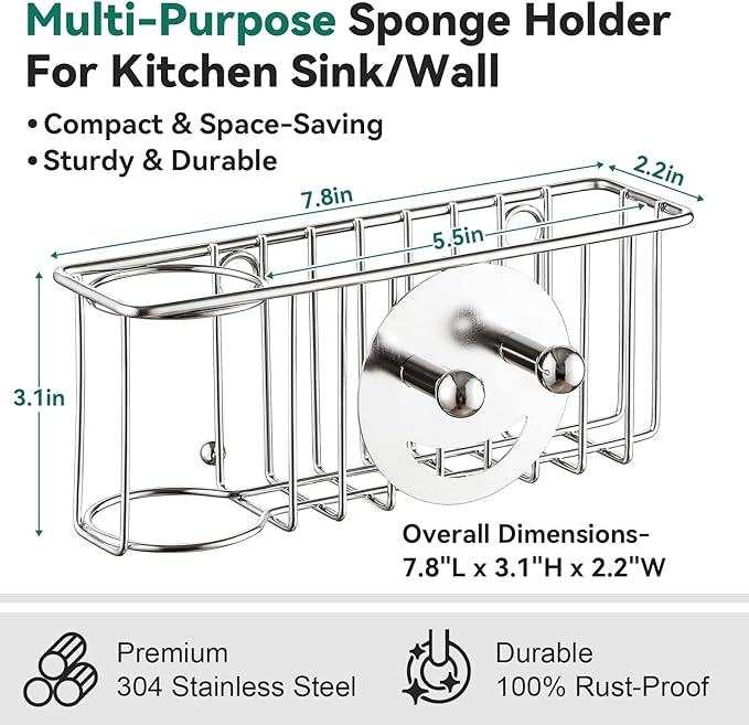 3-IN-1 Multiuse Sponge Holder for Kitchen Sink, Sponge Caddy for Scrub