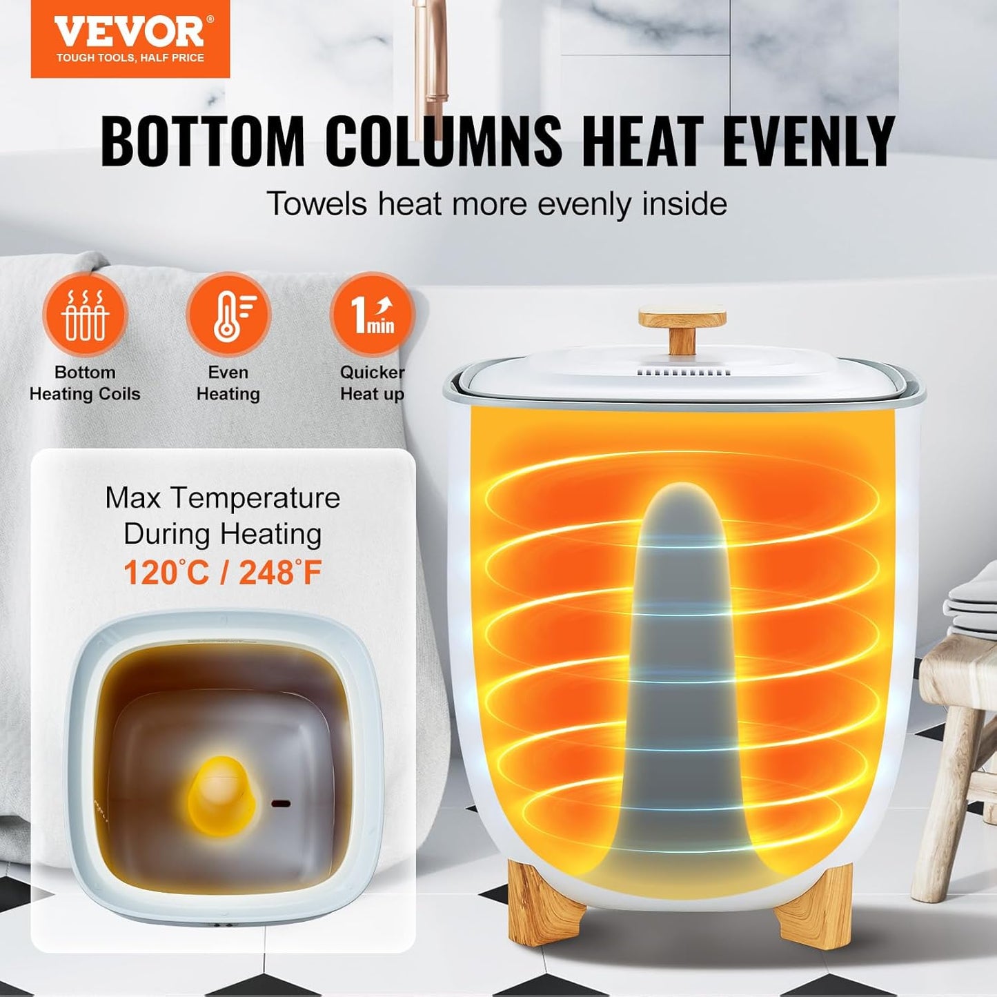 VEVOR Towel Warmers for Bathroom, Towel Warmer Bucket Auto Shut Off for Spa Fits up to 3 Oversized Towels, Blankets, Clothes, Bathrobes, PJ's and More