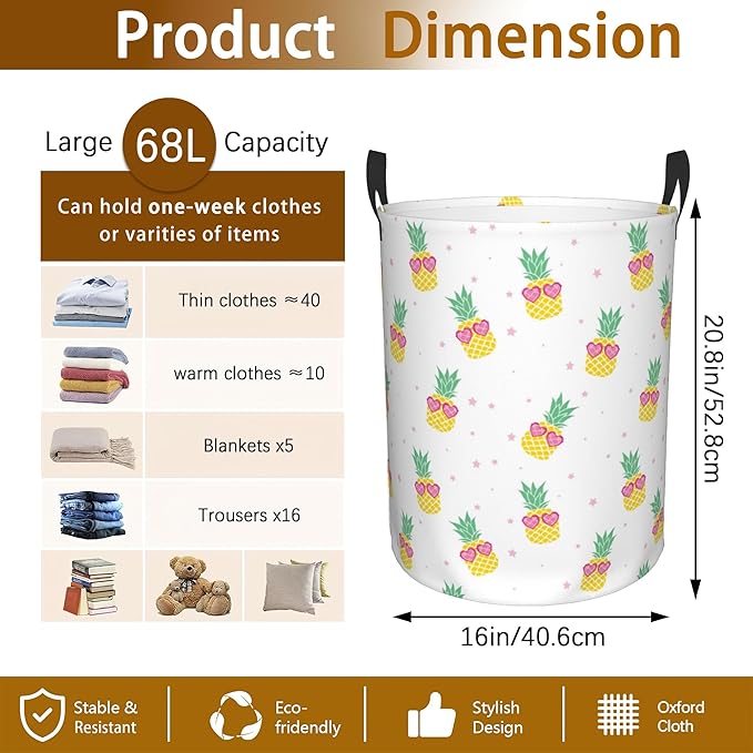 Cute Pineapples Laundry Basket, Waterproof Pineapple Laundry Hamper,