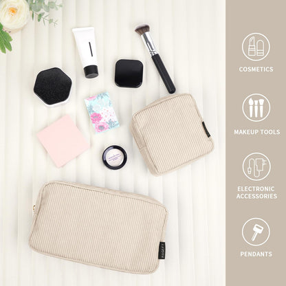 Makeup Bag, MAGEFY 2 Pcs Small Makeup Bag for Handbag Corduroy Pouch with Compartments Travel Makeup Cosmetic Bag for Women (Beige)
