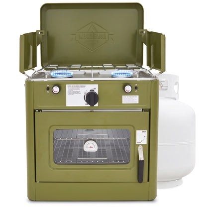 Hike Crew Outdoor Gas Camping Oven w/Carry Bag | CSA Approved Portable Propane-Powered 2-Burner Stove & Oven | Auto Ignition, Overheat Safety Shutoff, Built-In Thermometer | Hose & Regulator Included