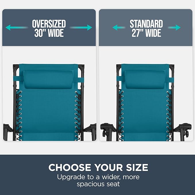 Best Choice Products 30” Wide Folding Zero Gravity Outdoor Recliner Patio Lounge Chair w/Adjustable Canopy Shade, Headrest, Side Accessory Tray - Peacock Blue