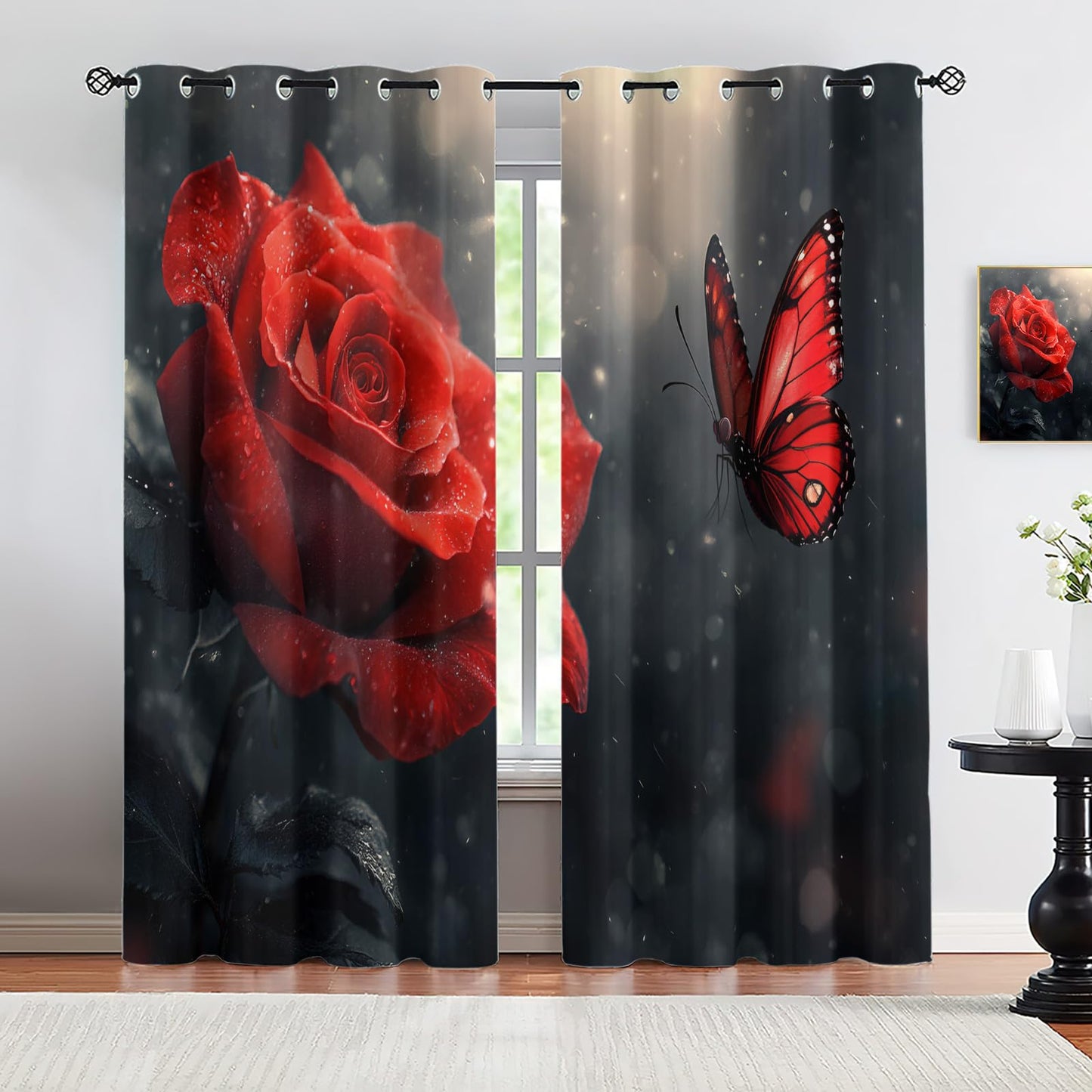 JAXIUOF Red Flowers Curtains 84 Inch Long 2 Panels Butterfly Rose Plants Blackout Curtains, Romantic Floral 3D Printed Drapes, Grommet Top Window Treatments for Bedroom Office Kitchen