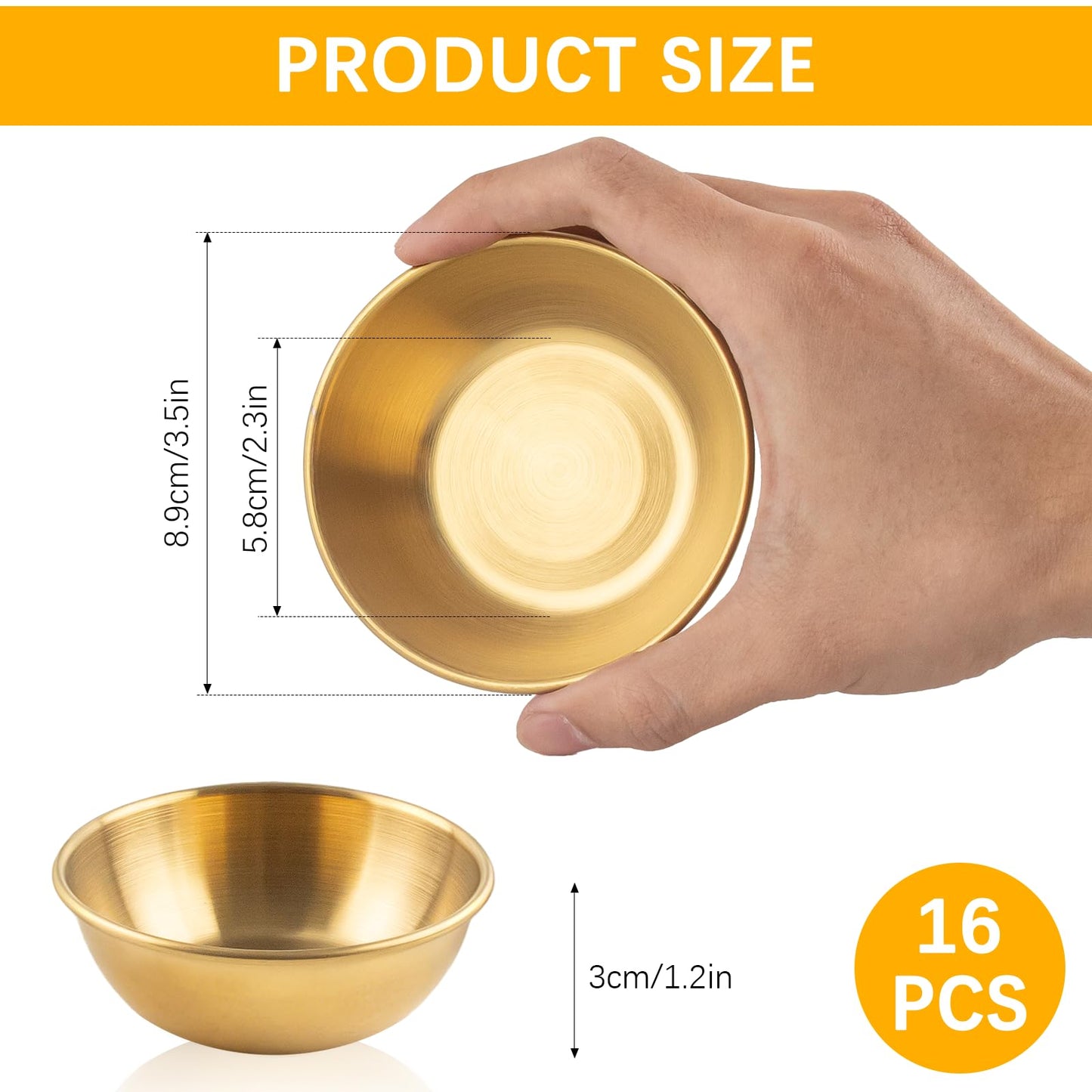 Orepzinc 16 Pcs 3.5 inch Stainless Steel Sauce Dishes Mini Individual Saucers Bowl Round Seasoning Dishes Sushi Dipping Bowl Appetizer Plates (Gold)