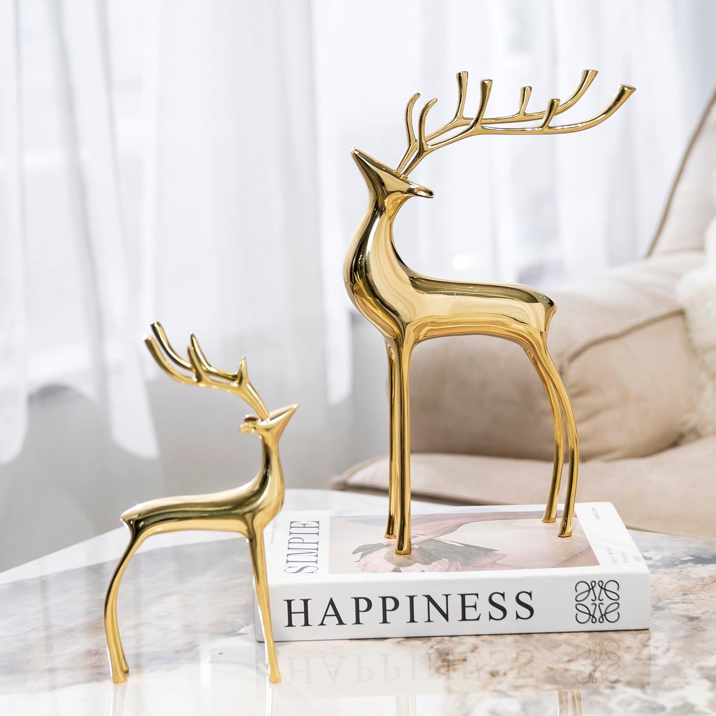 Reindeer Figurine Statues Deluxe Set of 2, Christmas Deer Pure Copper Heavy Reindeer Ornaments for Home Decor Accents Living Room Office Bookself Tabletop Mantle Christmas Decoration, Gold
